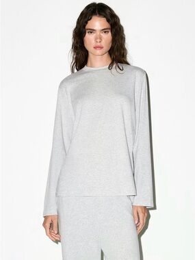 SKIMS Boyfriend Long Sleeve Tee S Gray Oversized Soft Modal Lounge Sleep Top NWT
